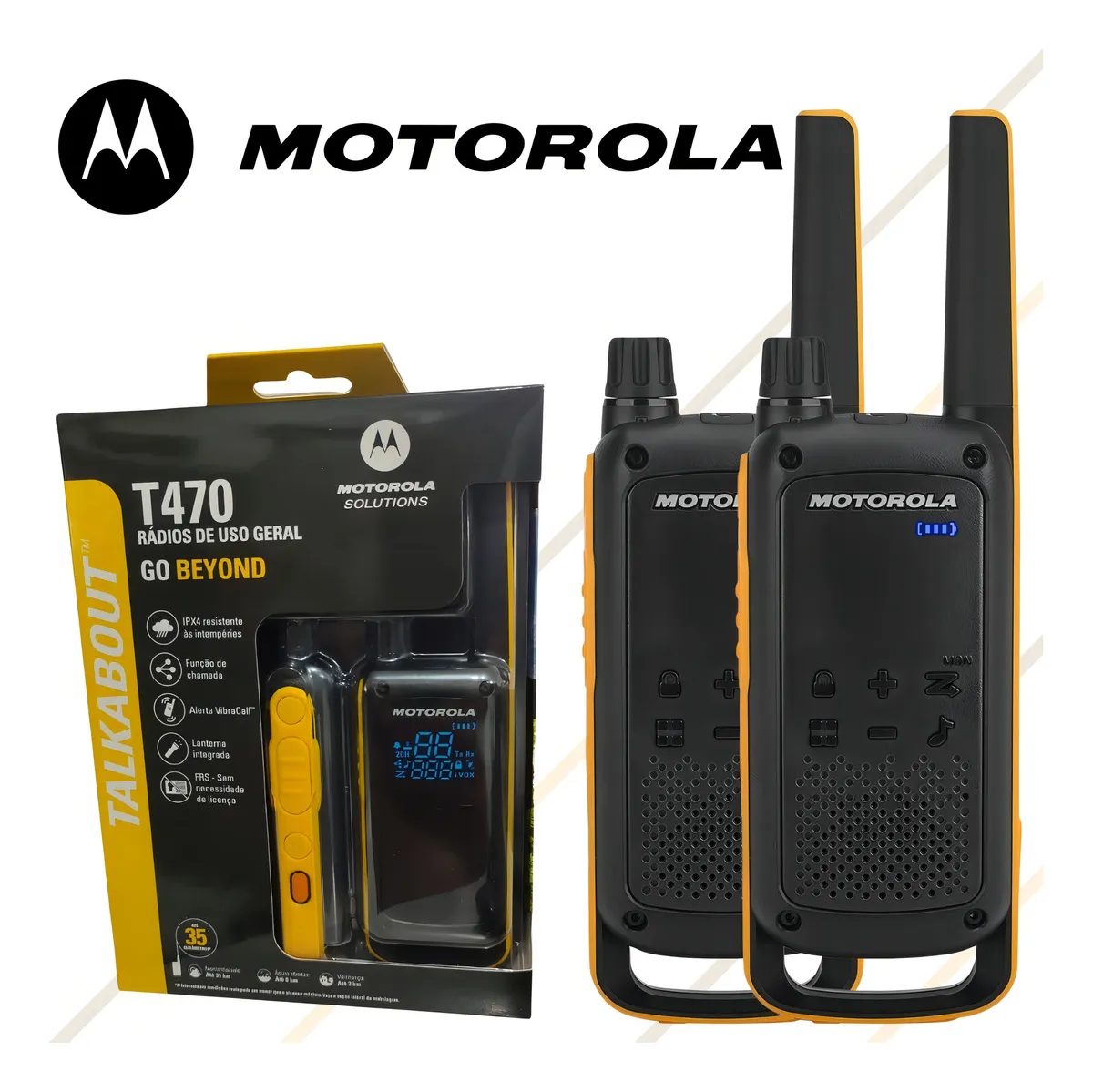 Talkabout Motorola T470 Walk Talk Rádio Comunicador Cor Amarelo até 2km na cidade até 35km Na montanha sem Interferência.