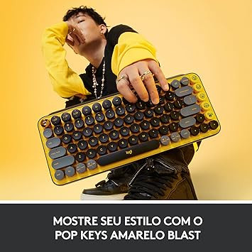 Teclado Mecânico sem fio Logitech POP Keys com teclas Emoji Personalizáveis, Design Compacto Durável, Conexão USB ou Bluetooth - Amarelo Blast