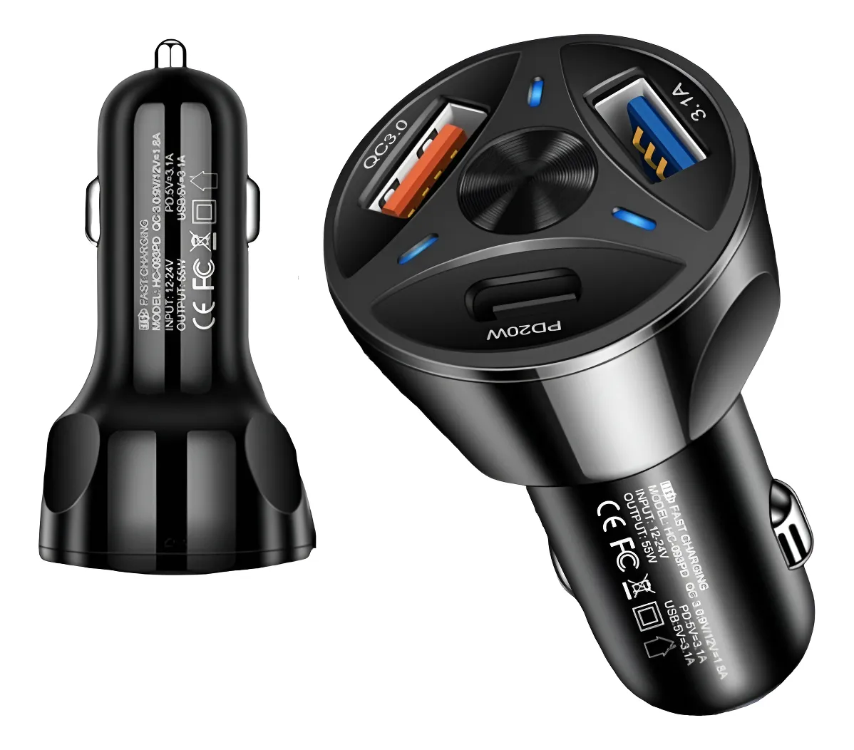 Carregador Turbo Veicular Celular Quick Charge 3.0 Usb-c 55w Preto