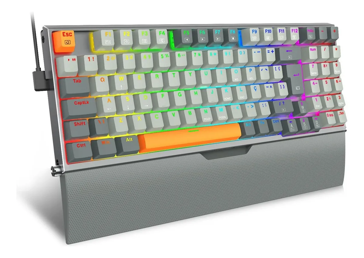 Teclado gamer olaf mecânico rgb com switch marrom dest-proof Português Brasil Cinza Redragon