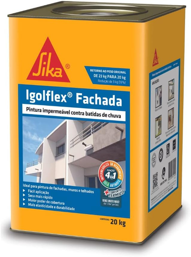 SIKA Igolflex Fachada, Pintura impermeável e elástica que protege as paredes contra fissuras e batidas de chuva, Aceita pigmentação, Branco, Balde 20kg