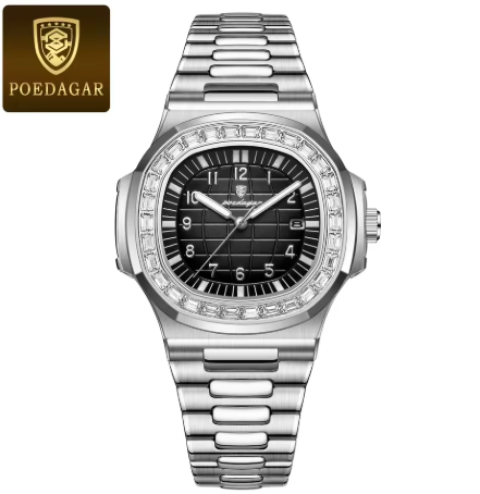 Poedagar relógios quadrados de luxo para homens à prova dwaterproof água luminosa data homem relógio de pulso aço inoxidável moda masculina relógio de quartzo reloj
