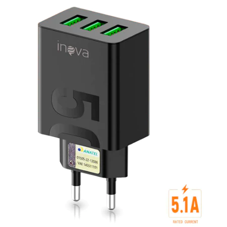 Carregador Inova Turbo 5,1 A com 3 Portas USB + Cabo Lightning 1m – Carregamento Simultâneo e Prático