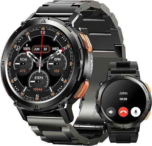 Smart Watch AMOLED Display com 2 bandas(Metal+Gomma) 60 Days Ultra-Long Battery Life (Call Receive/Dial) 70 Modes Sports 5ATM/IP69K Waterproof Smartwatches for Android iPhone