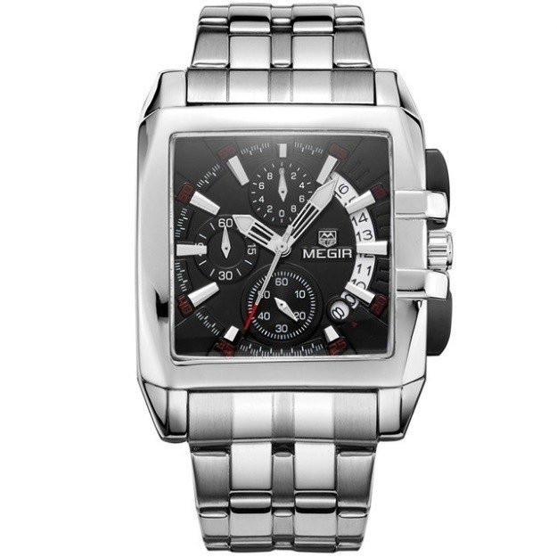Megir* 2018 Relógio Masculino Aço Inox Cronógrafo Data Automática