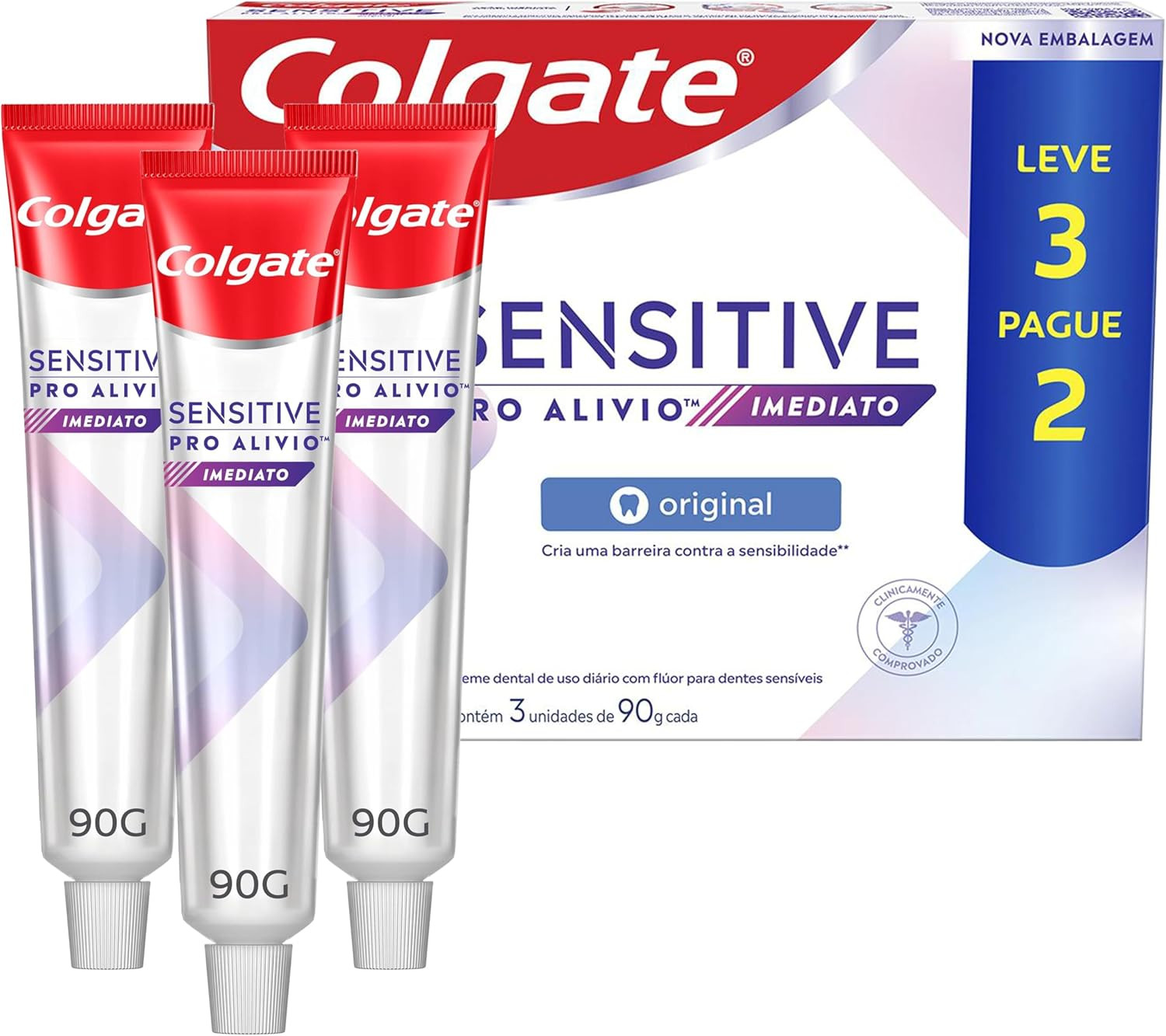 Colgate Creme dental para dentes sensíveis Sensitive Pro Alivio Imediato Original, para alívio imediato^ da sensibilidade nos dentes, Leve 3 Pague 2, 90g cada