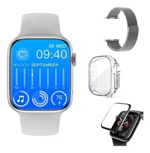 Relógio Smartwatch W59 Pro Série 9 Masculino Feminino Gps Caixa Prateado Pulseira Branco E Prata