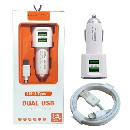 Carregador de Carro Veicular para Celular 2 USB + Cabo H'Maston Compatível com iPhone 11 12 13 14