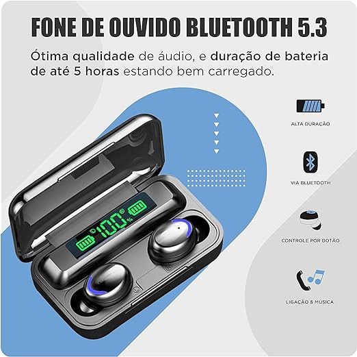 Fone de ouvido bluetooth 5.3 F9-5 - Função power bank e mostrador digital