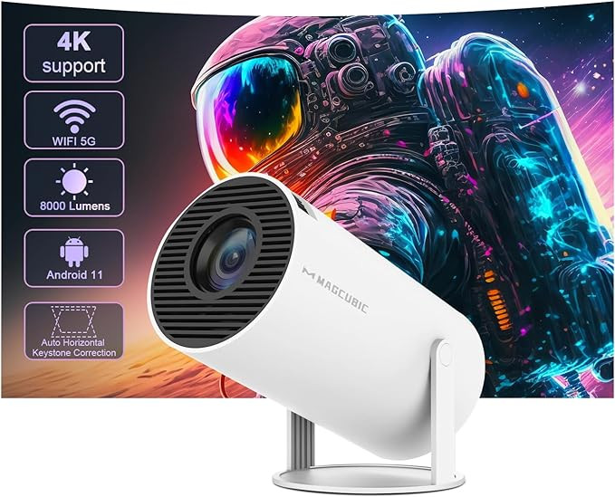 Mini Projetor Portatil 5G Wifi 6 Bluetooth 5.0 Android 11, Projetor 4K 1080P Full HD Suporte 8000 Lumens, Projetor Led Auto de Correcção Trapezóide Horizontal, 180°Girável Projector para Telefónico