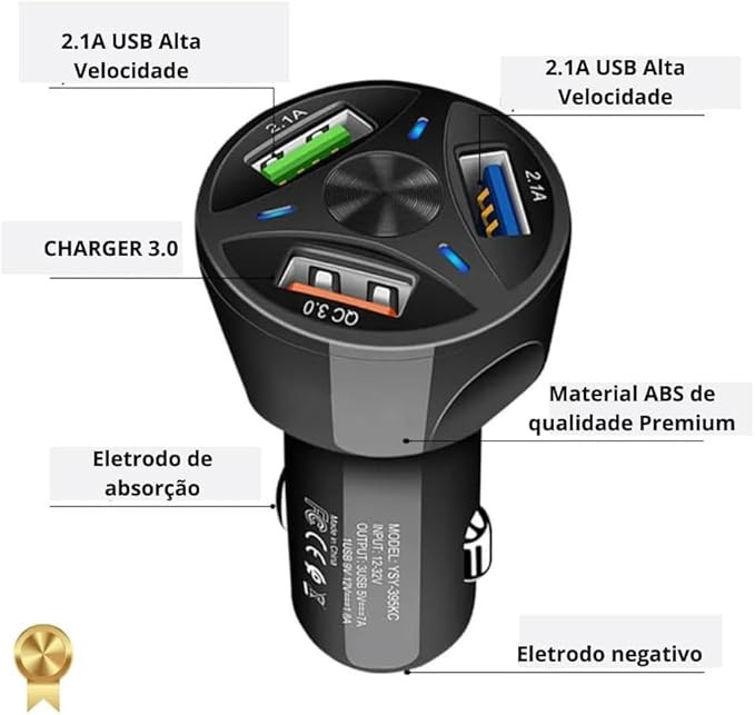 Carregador Veicular com Carregamento Rápido – Quick Charge 3.0 - USB, Tipo C, Smartphone, Tablet, iPhone, Android, Premium Top Cor Preto.